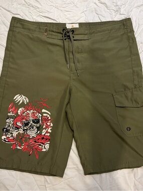Men's Olive Green Swim Trunks with Graphic Skull Print